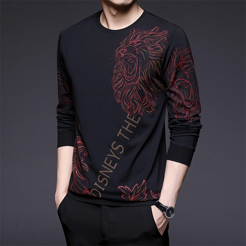 圆领长袖t恤男春秋季男士卫衣2023新款中年商务休闲印花薄体恤潮，男装卫衣，电商B212（原钱塘6029）
