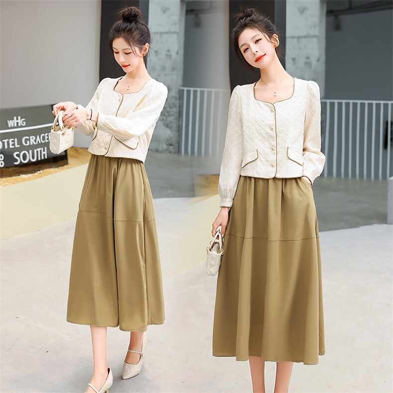 时尚缇花衬衫半裙套装女2023春季新款气质方领温柔甜美显瘦两件套，女装套装/套裙，润尚靓点