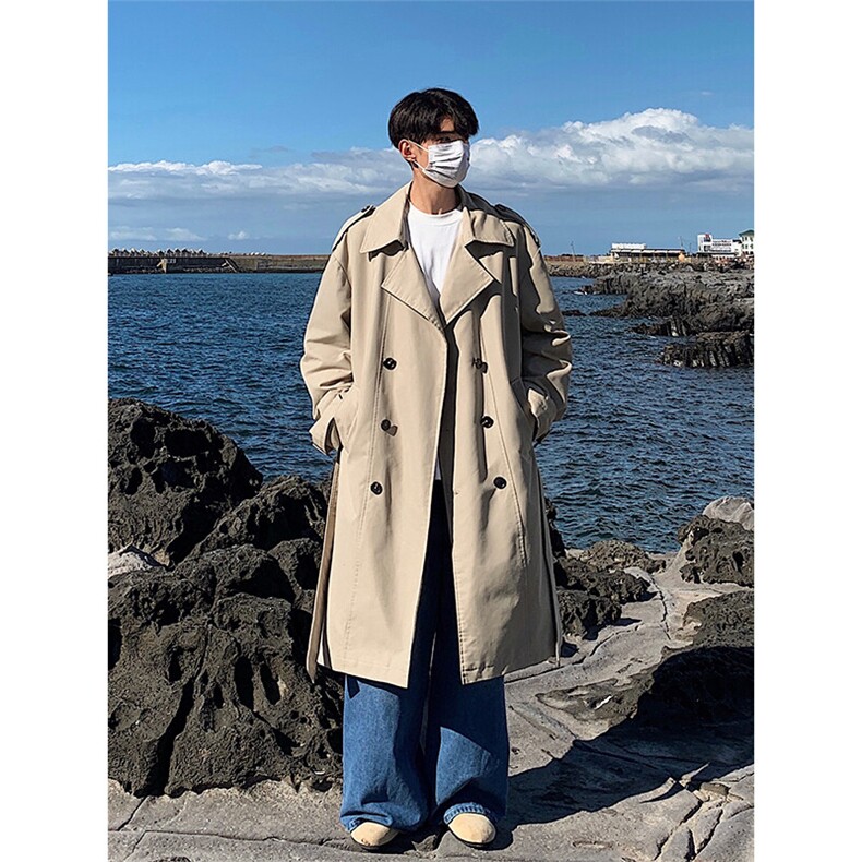 秋季排扣中长款风衣Q5579-TP75不宽松港风长款过膝长外套男，男装风衣，电商A102