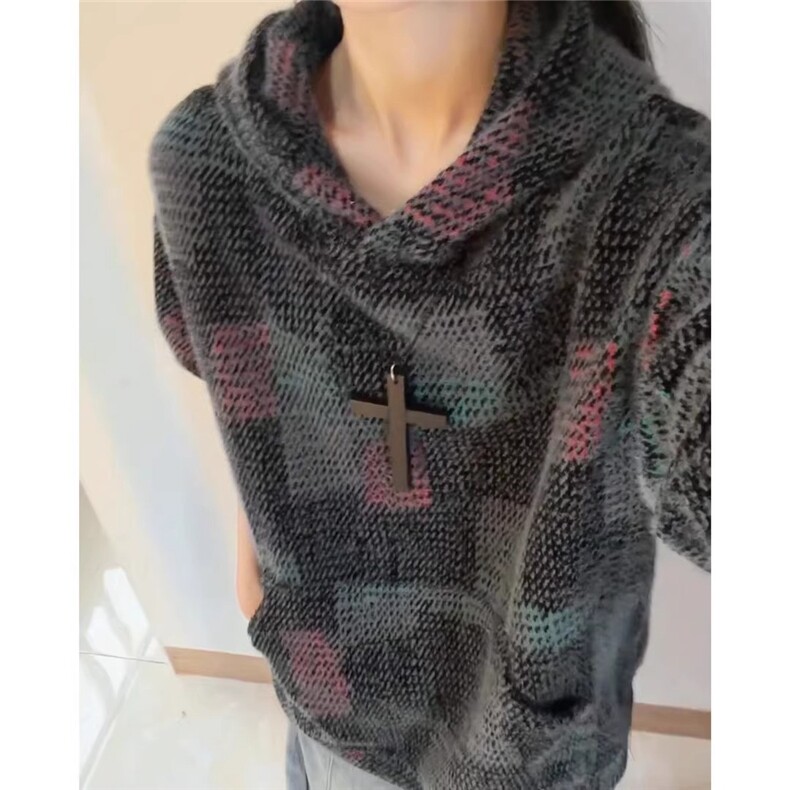 网图小香风绒面七彩格子卫衣男秋冬季慵懒风美式连帽外套，女装短外套，星座410-7