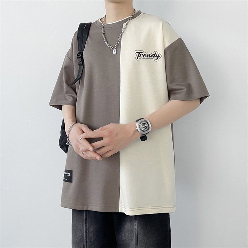 冰氧仿棉短袖港风白墙夏季休闲百搭撞色拼接男上衣TC3155-P23控48,男装T恤,星座717
