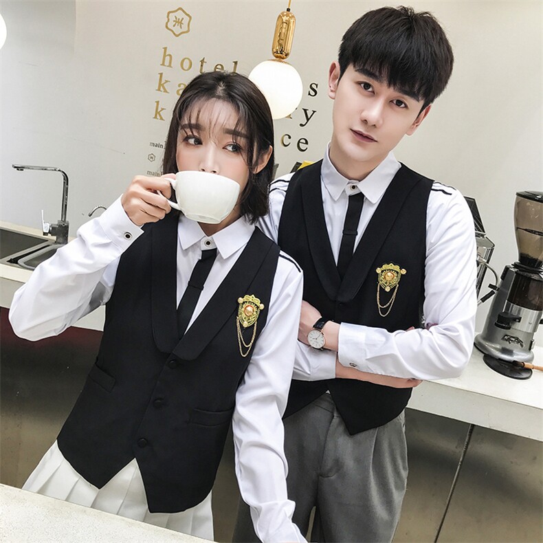 Q8787*2021情侣男女款学院英式短款马甲工作服餐厅营业员马甲P50图片