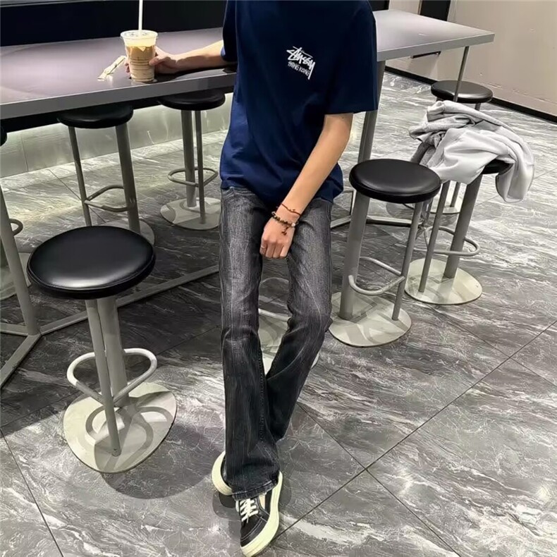 美式高街vibe风水洗黑灰色微喇牛仔裤直筒修身垂坠感长裤子潮流男,男装牛仔裤,四季星座505