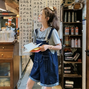 港风复古蓝色牛仔背带裤女夏季2025新款印花T恤阔腿裤图片