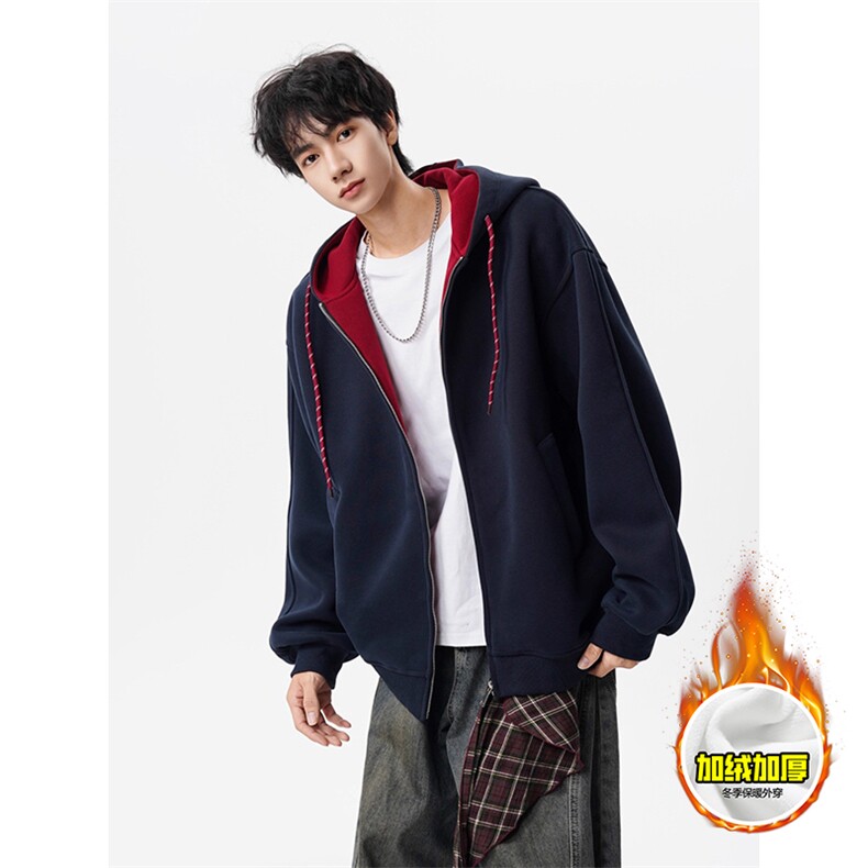 480G重磅加绒硬挺boxy男女秋冬美式高街双层撞色连帽卫衣开衫外套，女装短外套，电商A486