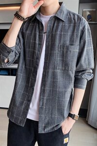 男士宽松翻领衬衣秋季格子复古休闲学院风衬衫DF04T图片