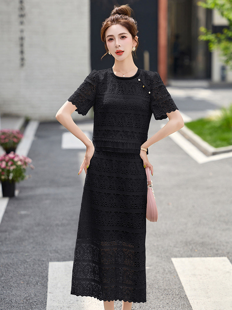小香风名媛气质套装裙女2025夏新款洋气蕾丝镂空上衣半身裙两件套,女装套装/套裙,韩宇舍