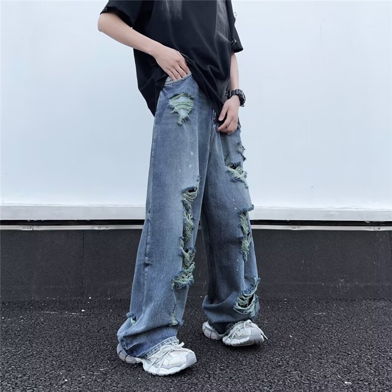 美式复古破洞毛边牛仔裤男潮牌直筒阔腿宽松设计感潮小众休闲长裤,男装牛仔裤,星座410-7