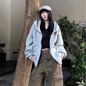 抖音得物高品质秋冬美式高街重磅结构辑明线纹理连帽卫衣外套W111图片
