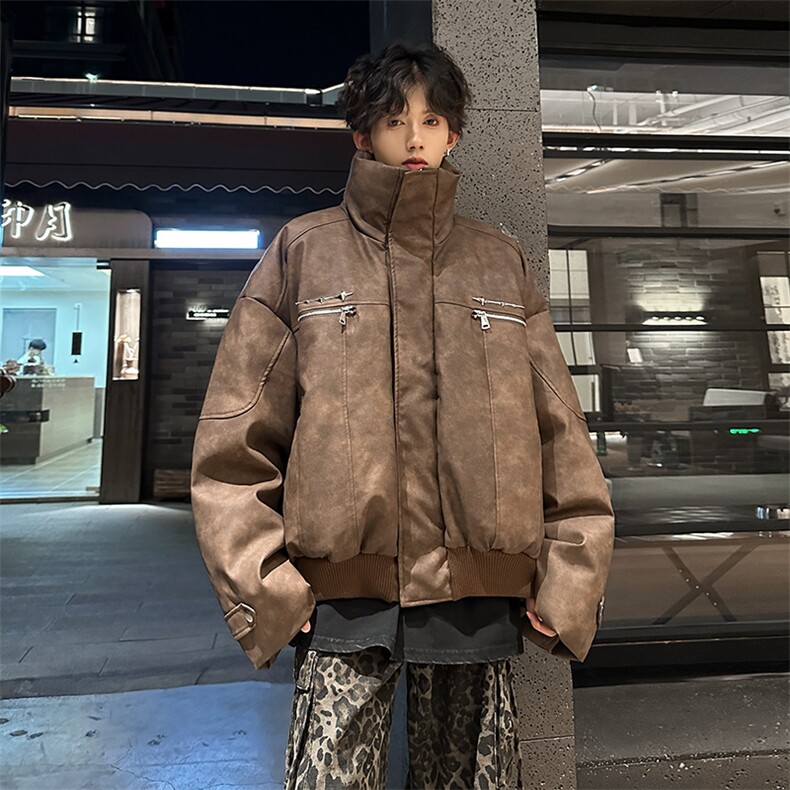 405A美式复古个性金属设计短款皮衣棉服MY24916-特批108控178,男装皮衣,星座405A