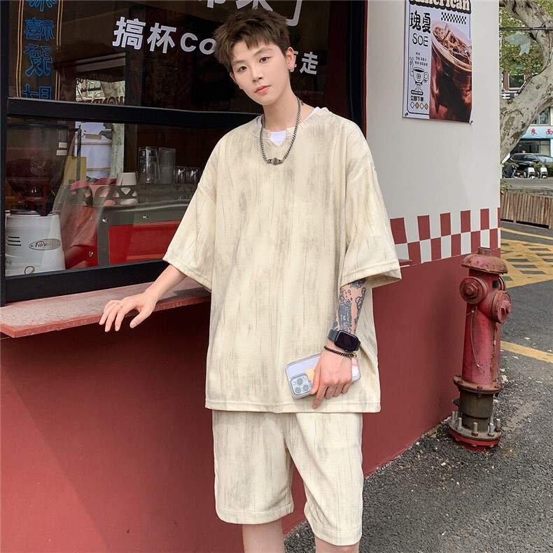 2025夏季新款扎染美式冰丝五分袖短裤套装潮流TZ5622/特P50杏3,男装牛仔裤,电商A094