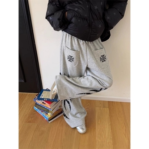 1506/QC180/P65美式复古口袋设计印花休闲裤宽松男女阔腿裤图片
