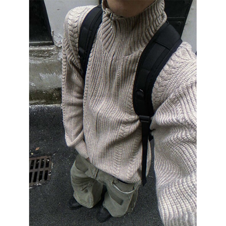 原宿新款慵懒流行潮流麦穗绞花拉链毛衣简约时尚文艺M58，男装针织衫/毛衣，星座1116A（原606A-3）