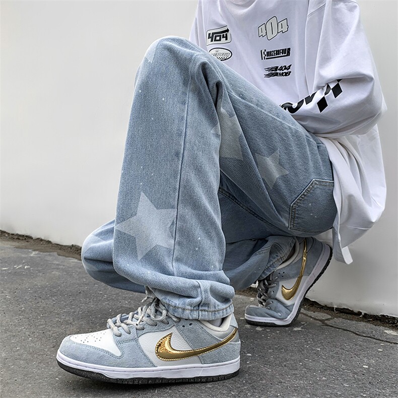 B221美式ins高街小众五角星喷墨直筒牛仔裤LK23014-P60控78,男装牛仔裤,电商B221