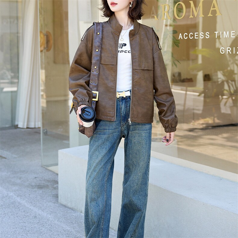 现货复古港风晕染立领皮衣女2024秋新款宽松休闲机车Pu皮外套，女装皮衣，美拉德工厂直营店