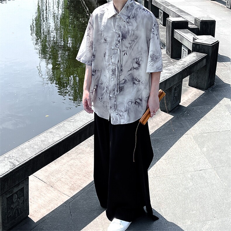 现货风新中式男大码翻领流苏短袖衬衫竹叶印花冰丝CS33-P65控89,男装T恤,电商A021
