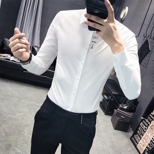 C301-C86#秋款气质英伦暗条纹时尚刺绣衬衫修身男 P70图片