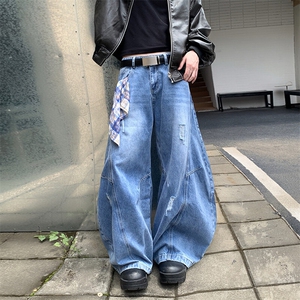 美式复古弯刀牛仔裤男女潮设计感宽松解构直筒阔腿长裤YD9007-P75图片