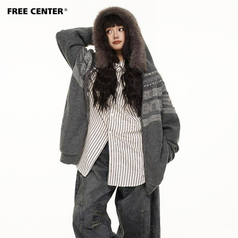 美式慵懒风毛领派克服男女款2026新款秋冬季宽松开衫卫衣情侣外套,女装短外套,星座1210-1
