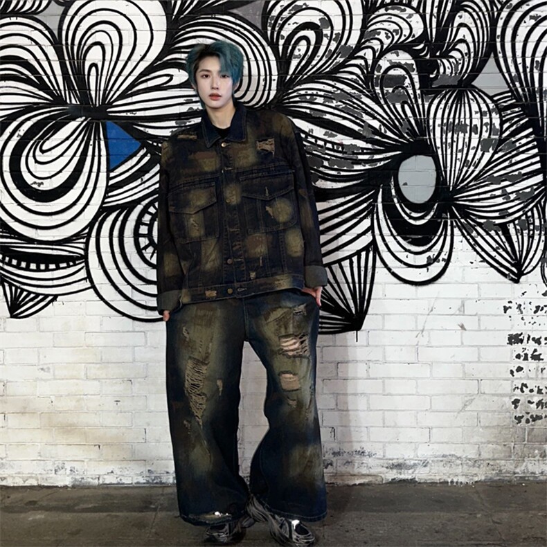 （自家图）美式复古做旧刷漆牛仔外套高街痞帅套装7011-p119，男装工装外套，星座910B