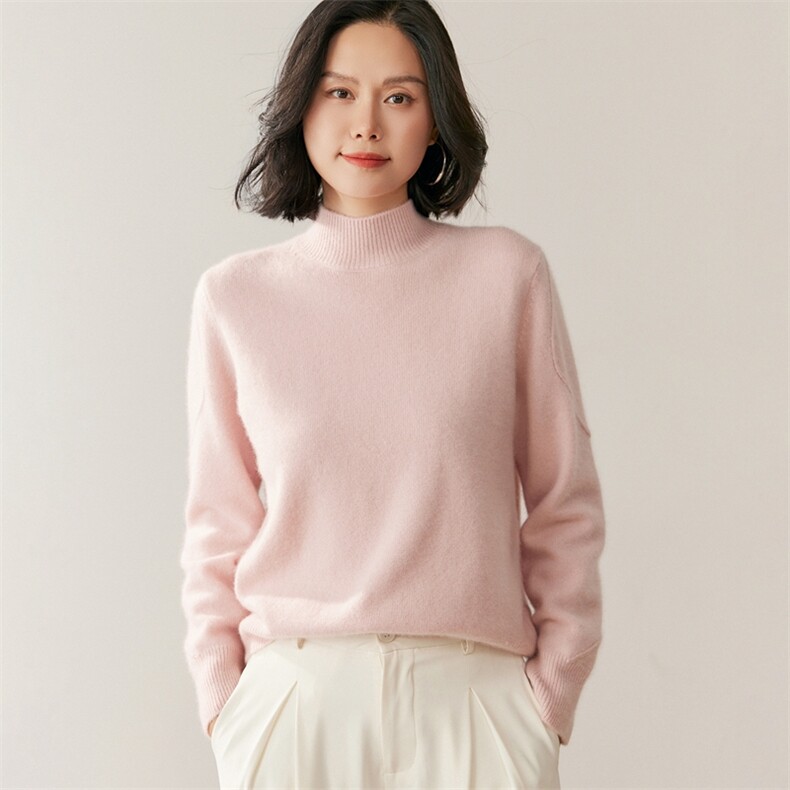 秋季新款半高圆领纯色针织衫时尚休闲百搭，女装针织衫/毛衣，鸥蕊娅羊绒