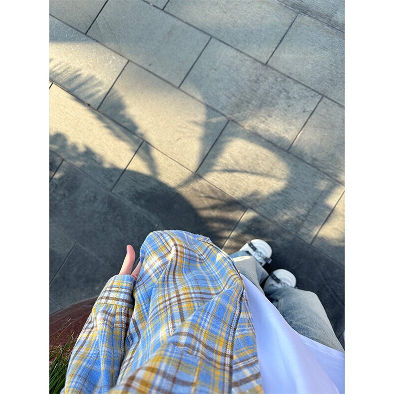美式复古黄蓝格子长袖衬衫男秋季cleanfit氛围感衬衣重磅潮牌外套,男装衬衫,电商A086-1
