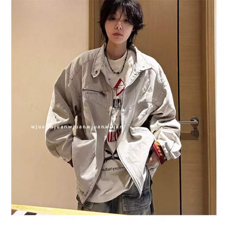 现货网美式高街设计感水洗拼色立领牛仔外套JK8964-P80,男装工装外套,星座1109-4