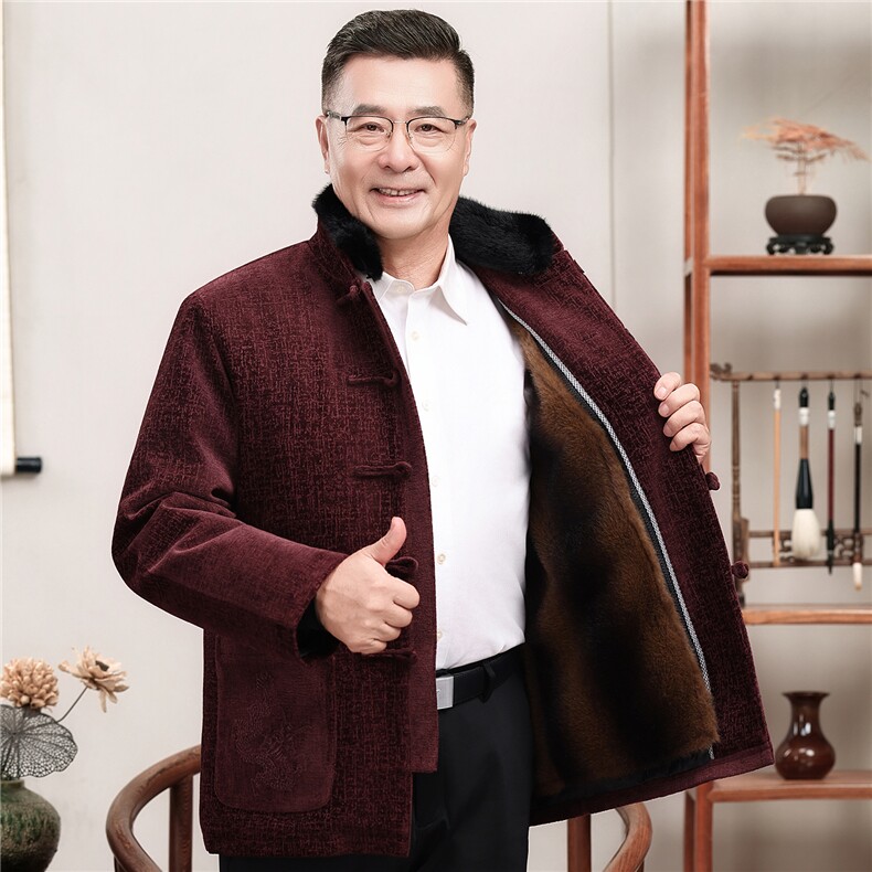 主推现货中老年婚宴喜庆唐装冬加绒可拆卸内胆爸爸爷爷风外套,男装民族服装,钱塘723