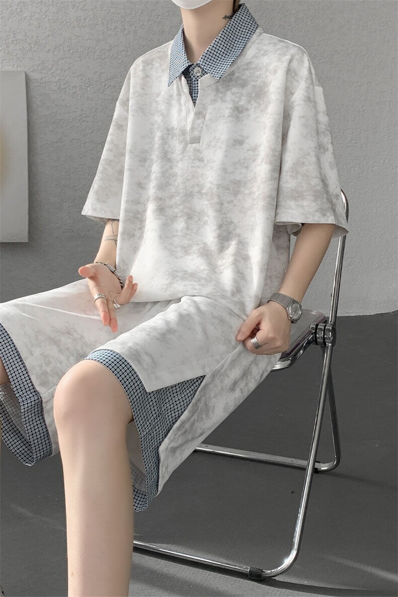 TZ780-特批55控98夏季新款扎染假俩件大码短袖短裤T恤套装,男装休闲套装,电商A059