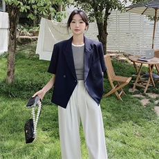 藏青色小众短袖西装淡人套装2025夏季新款气质阔腿裤小个子两件套，女装套装/套裙，2C232