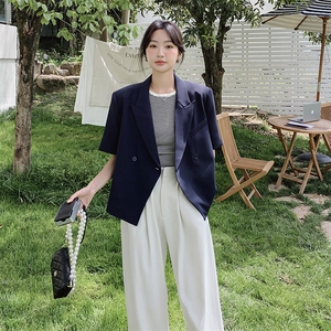 藏青色小众短袖西装淡人套装2025夏季新款气质阔腿裤小个子两件套图片