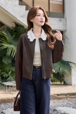 【春季女装新款】2026时尚洋气韩版花边翻领宽松短款拉链皮衣外套，女装皮衣，冬木谷雨