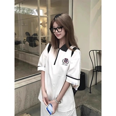 美式潮流学院风polo衫半拉链宽松短袖t恤女夏季设计感百搭上衣潮，男装Polo衫，星座506A