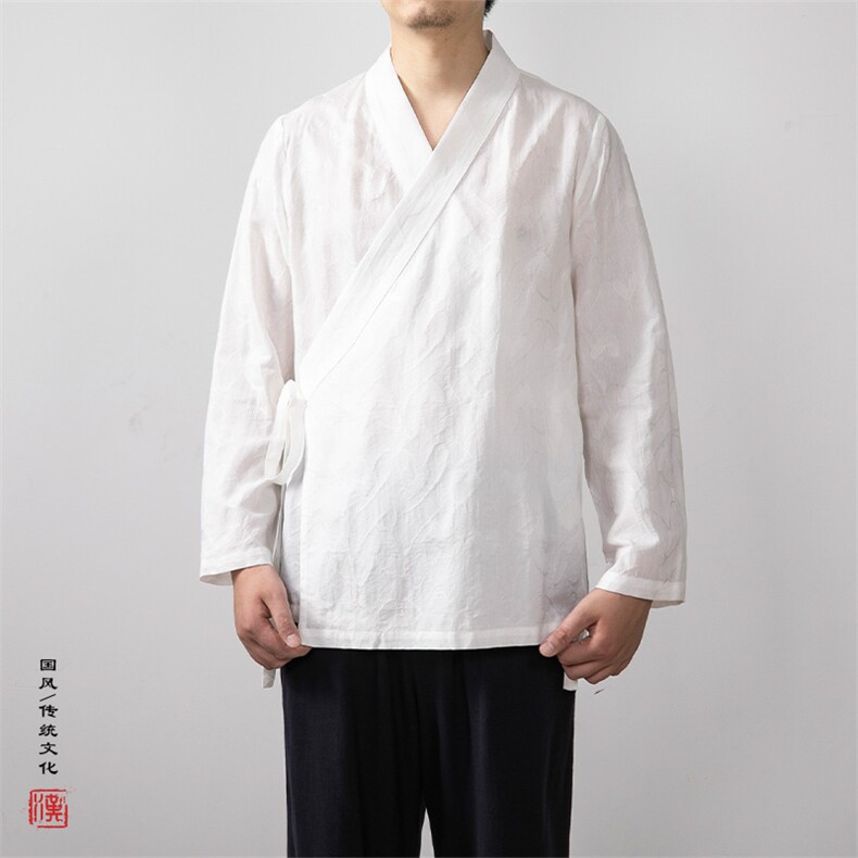 秋装新款提花男士斜襟改良长袖汉服道袍C205P70,男装民族服装,钱塘802