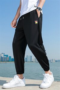 夏季透气薄款休闲长裤九分裤宽松紧腰束脚哈伦裤模黑图片