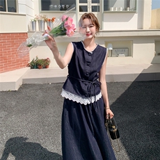 休闲牛仔收腰马甲半身裙套装女夏2025新款两件套独特超好看度假风，女装套装/套裙，2C239