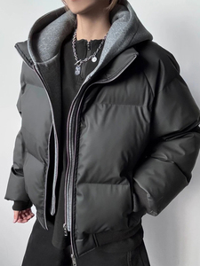 网图 美式假两件pu皮短款棉服男款冬季加厚工装棉袄连帽外套特P85图片