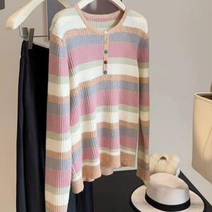 2025秋冬百搭时尚简约三色彩虹套头毛衣，女装针织衫/毛衣，沐策羊绒