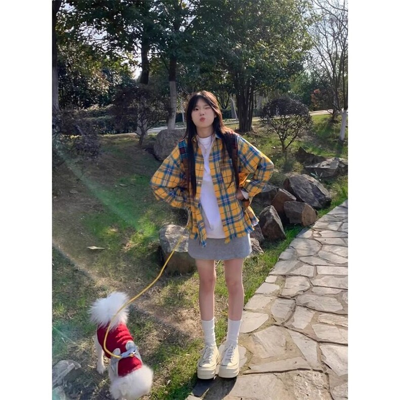 韩版超好看撞色格子polo领长袖衬衫女早春宽松慵懒风百搭薄款外套,男装衬衫,星座506A