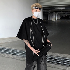 美式高街解构反光条宽松短袖t恤男生夏季潮牌复古麂皮绒上衣情侣，男装T恤，星座505-2（原电商A260-1)