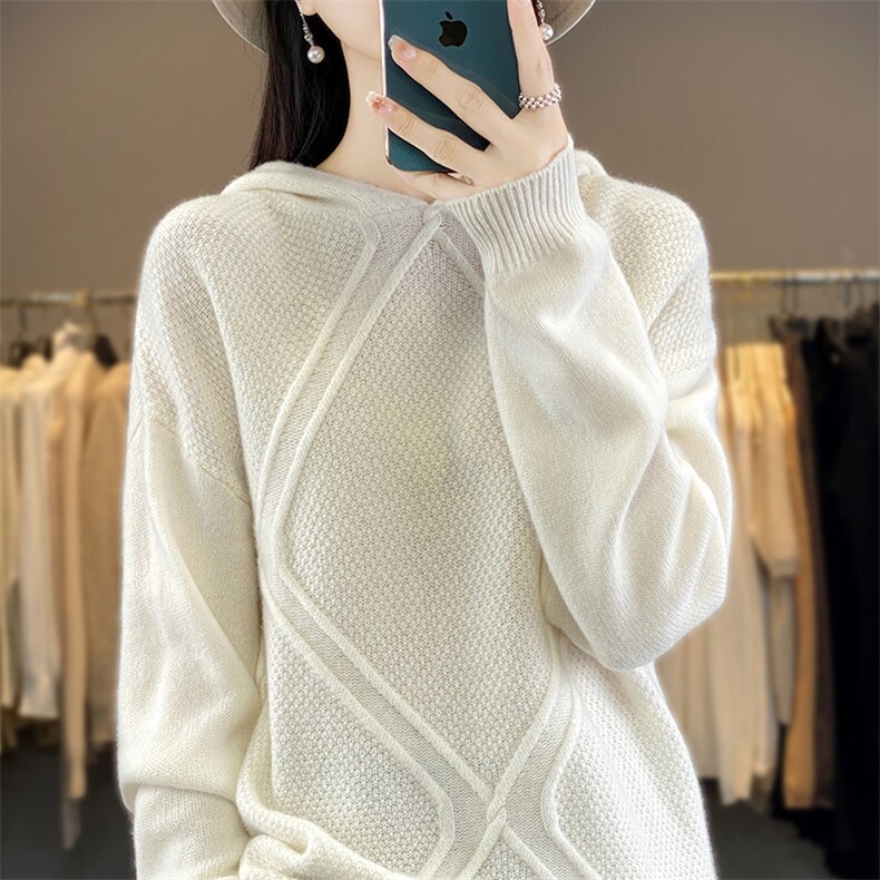时尚百搭女士羊毛连帽衫修身显瘦大菱形立体花纹毛衣，女装羊毛衫，开创羊绒