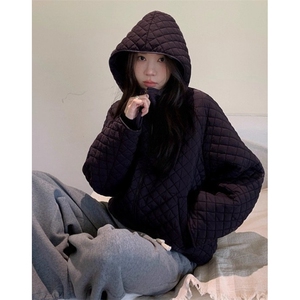 菱格纹白色连帽羽绒棉服女冬季短款休闲加厚棉衣外套 M211图片