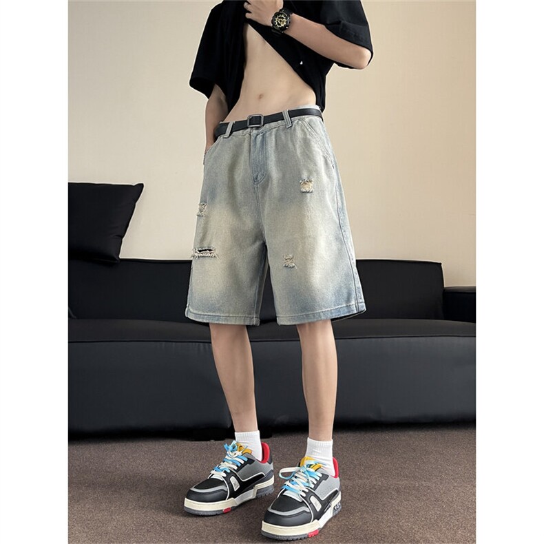 破洞牛仔短裤男新款美式高街vibe设计感水洗宽松FC761P36,男装牛仔裤,星座1013-1