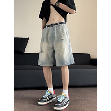 破洞牛仔短裤男新款美式高街vibe设计感水洗宽松FC761P36，男装牛仔裤，星座1013-1