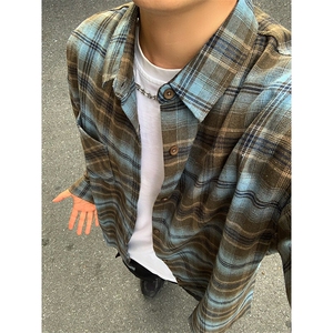 cleanfit美式复古格子衬衫男春秋高级感痞帅长袖格纹衬衣情侣外套图片