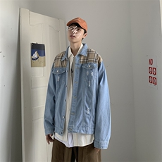 秋冬季潮牌牛仔夹克男港风格子拼接宽松休闲外套P50，男装夹克，星座410-6（原星座1304-1）