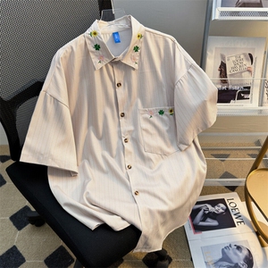 2025夏新款条纹短袖衬衫花朵刺绣半袖情侣男女班服现货W8601-P34图片