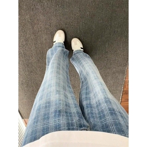 蓝格子半松紧腰微喇牛仔裤NNC433图片