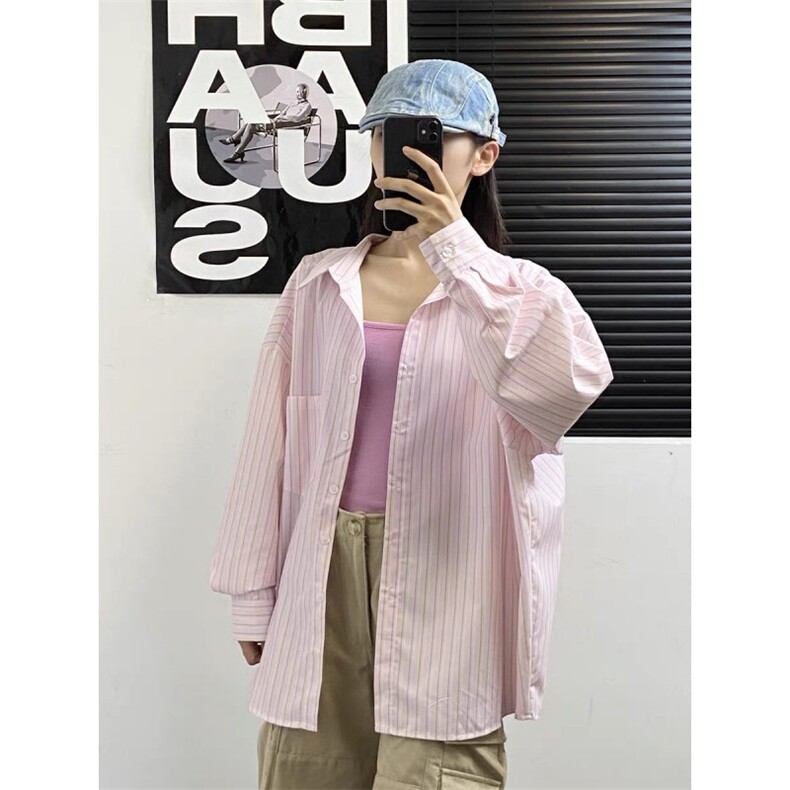 TC778-P45粉色竖条纹宽松慵懒风甜美少女防晒长袖衬衣百搭上衣,男装防晒衣,星座617A-2
