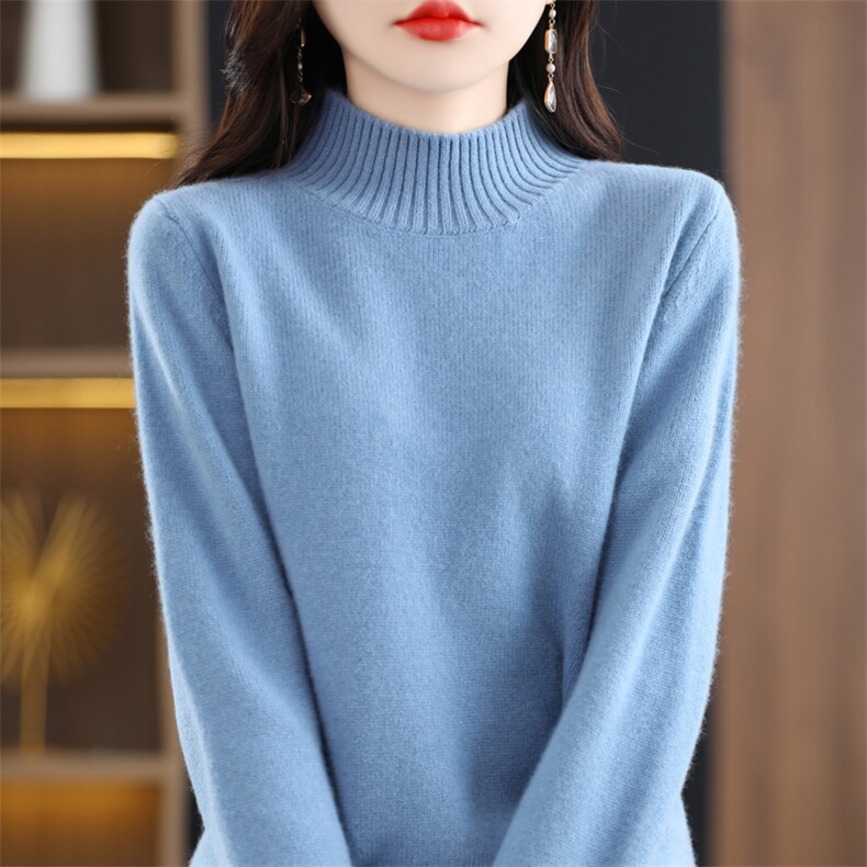新款高领纯色针织套头上衣时尚百搭，女装针织衫/毛衣，国旺羊绒